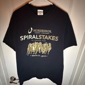 Port and Company Mens Spiral Stakes 2015 Horse Racing T-Shirt Black XL Horseshoe